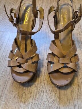 Yves Saint Laurent Tan Patent Strappy Woven Heels